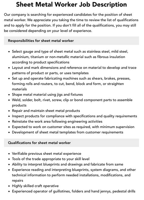 sheet metal supervisor job description|jobs for sheet metal workers.